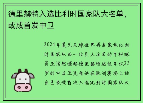 德里赫特入选比利时国家队大名单，或成首发中卫