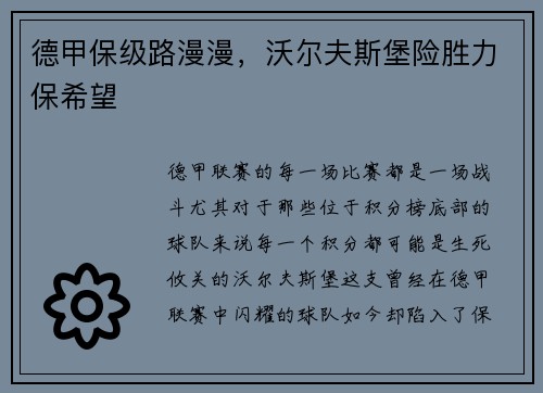 德甲保级路漫漫，沃尔夫斯堡险胜力保希望