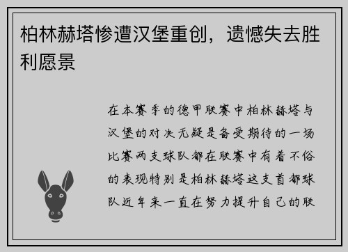 柏林赫塔惨遭汉堡重创，遗憾失去胜利愿景